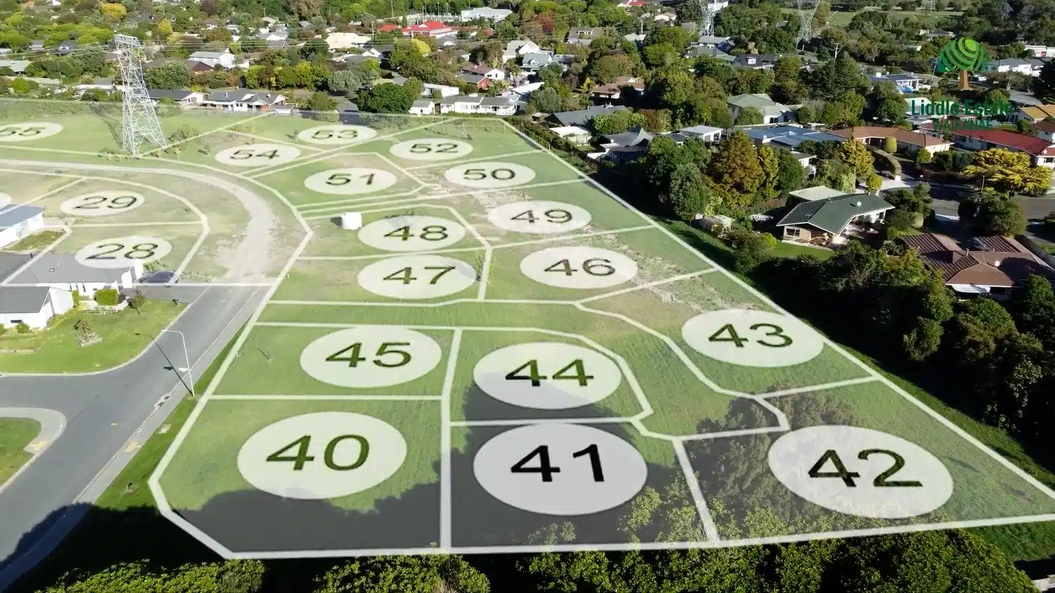 Aerial view of Liddle Estate in Waikanae, Kapiti Coast, showcasing available sections for house and land packages with Smartway Builders